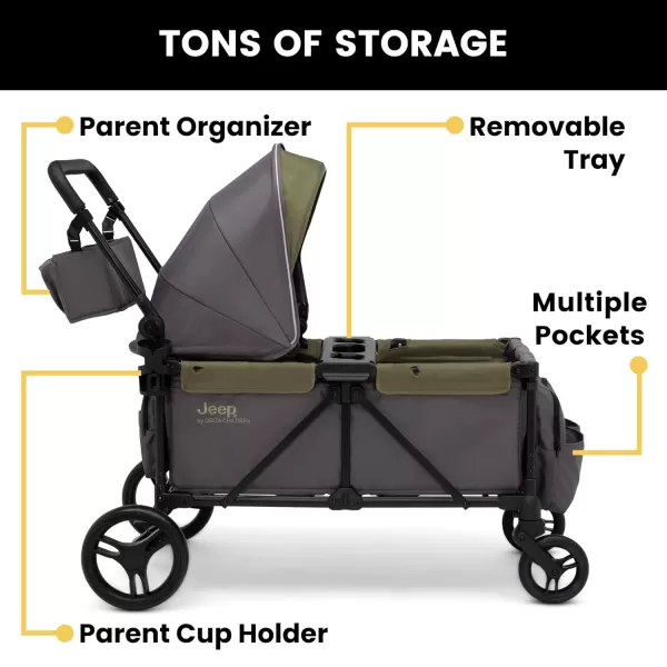 Jeep Sport All-Terrain Stroller Wagon by Delta Children - Includes Canopy, Parent Organizer, Adjustable Handlebar, Snack Tray &amp; Cup Holders, Grey/Olive Green