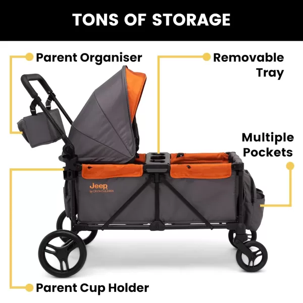 Jeep Sport All-Terrain Stroller Wagon by Delta Children - Includes Canopy, Parent Organizer, Adjustable Handlebar, Snack Tray &amp; Cup Holders, Grey/Olive Green