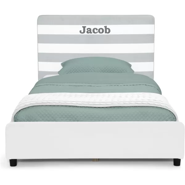 Personalized Upholstered Twin Size Bed with Headboard, Premium Wood Slat Support, No Box Spring Needed, Easy Assembly, Navy Tweed