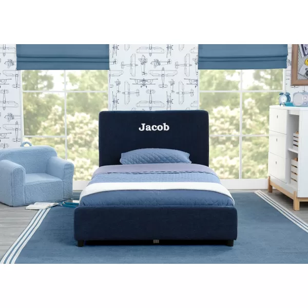 Personalized Upholstered Twin Size Bed with Headboard, Premium Wood Slat Support, No Box Spring Needed, Easy Assembly, Navy Tweed