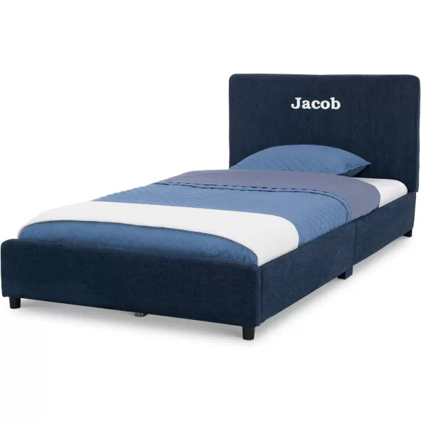 Personalized Upholstered Twin Size Bed with Headboard, Premium Wood Slat Support, No Box Spring Needed, Easy Assembly, Navy Tweed
