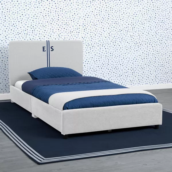 Personalized Upholstered Twin Size Bed with Headboard, Premium Wood Slat Support, No Box Spring Needed, Easy Assembly, Navy Tweed