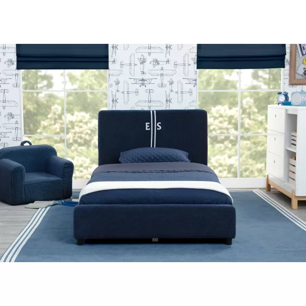 Personalized Upholstered Twin Size Bed with Headboard, Premium Wood Slat Support, No Box Spring Needed, Easy Assembly, Navy Tweed