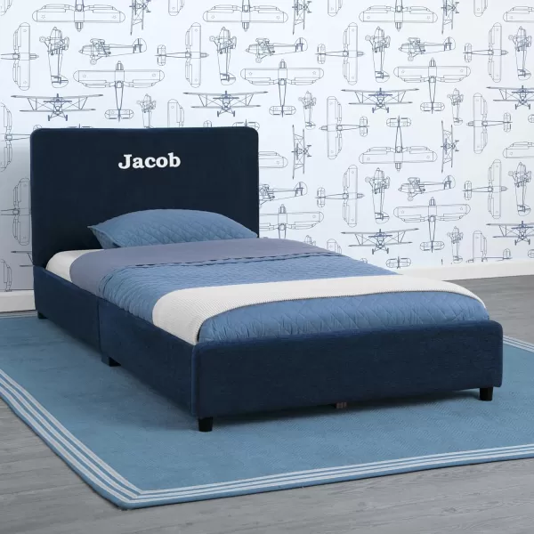 Personalized Upholstered Twin Size Bed with Headboard, Premium Wood Slat Support, No Box Spring Needed, Easy Assembly, Navy Tweed