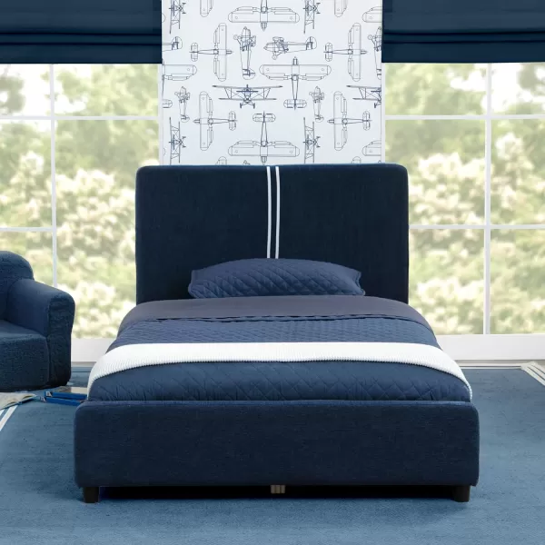 Personalized Upholstered Twin Size Bed with Headboard, Premium Wood Slat Support, No Box Spring Needed, Easy Assembly, Navy Tweed