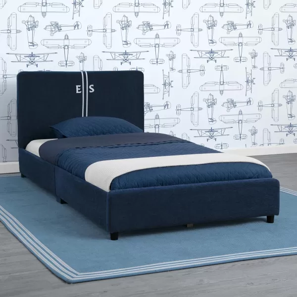 Personalized Upholstered Twin Size Bed with Headboard, Premium Wood Slat Support, No Box Spring Needed, Easy Assembly, Navy Tweed