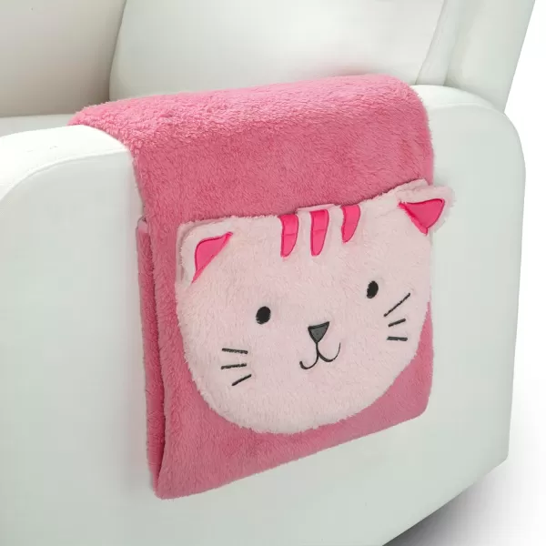 Sherpa Throw Blanket with Storage Pocket for Kids, Magenta Cat