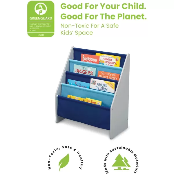 Sling Book Rack Bookshelf for Kids - Easy-to-Reach Storage for Books, Magazines or Coloring Books - Ideal for Playrooms &amp; Homeschooling - Greenguard Gold Certified, Grey/Blue