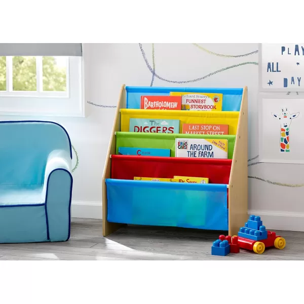 Sling Book Rack Bookshelf for Kids - Easy-to-Reach Storage for Books, Magazines or Coloring Books - Ideal for Playrooms &amp; Homeschooling - Greenguard Gold Certified, Grey/Blue