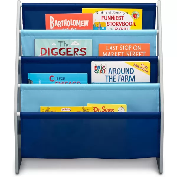 Sling Book Rack Bookshelf for Kids - Easy-to-Reach Storage for Books, Magazines or Coloring Books - Ideal for Playrooms &amp; Homeschooling - Greenguard Gold Certified, Grey/Blue