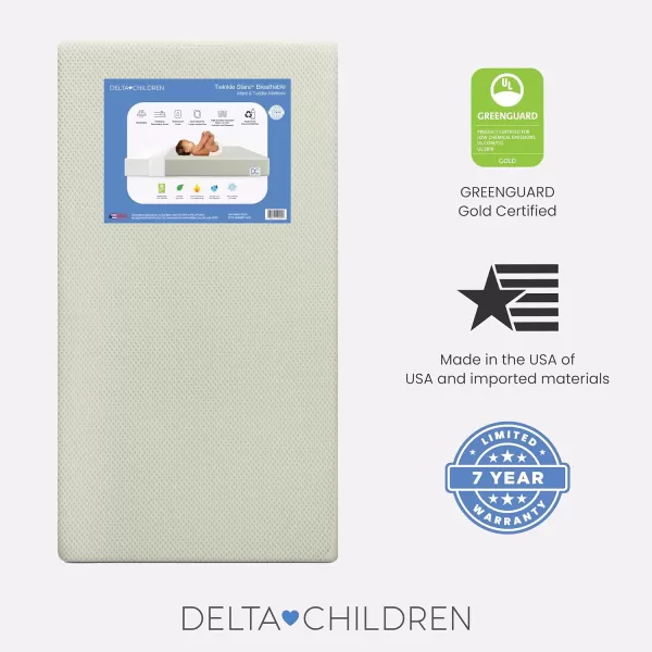 Twinkle Stars Breathable Baby Bed Crib Mattress and Toddler Mattress with Removable/Machine Washable Cover - GREENGUARD Gold – Waterproof - Sustainably Sourced Core Fiber Core, Green