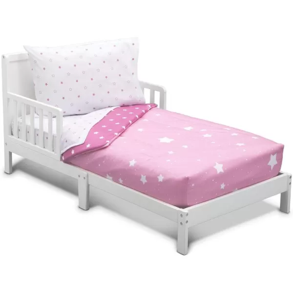 4 Piece Toddler Bedding Set for Girls - Reversible 2-in-1 Comforter - Includes Fitted Comforter to Keep Little Ones Snug, Bottom Sheet, Top Sheet, Pillow Case - Purple Stars Night