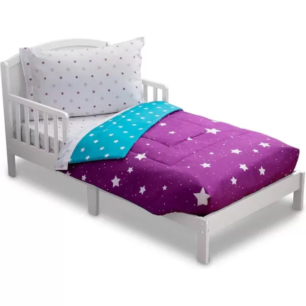 4 Piece Toddler Bedding Set for Girls - Reversible 2-in-1 Comforter - Includes Fitted Comforter to Keep Little Ones Snug, Bottom Sheet, Top Sheet, Pillow Case - Purple Stars Night