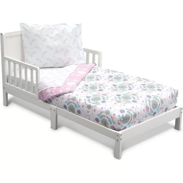 4 Piece Toddler Bedding Set for Girls - Reversible 2-in-1 Comforter - Includes Fitted Comforter to Keep Little Ones Snug, Bottom Sheet, Top Sheet, Pillow Case - Purple Stars Night