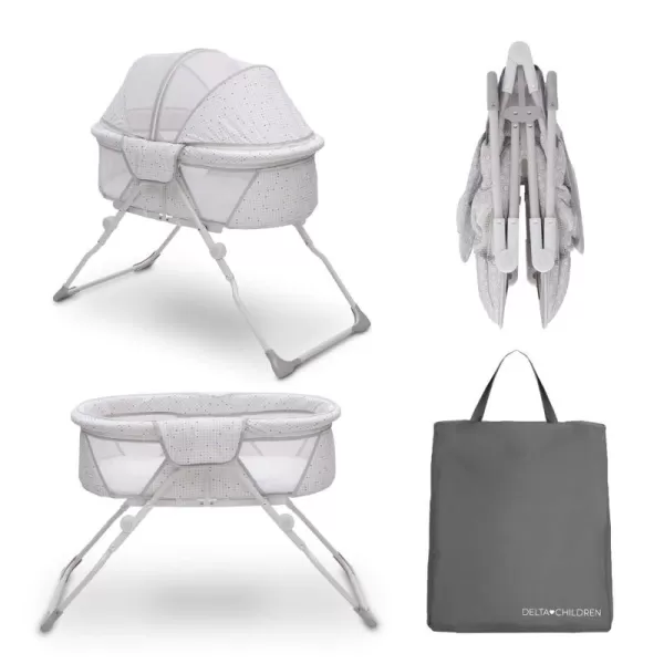 Delta Children EZ Fold Ultra Compact Travel Bedside Bassinet - Folding Portable Crib with Removable Canopy, Inner Circle )