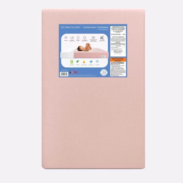 Delta Children Twinkle Stars Breathable 4-inch Mini Crib Mattress with Removable/Machine Washable Cover - GREENGUARD Gold – Waterproof - Sustainably Sourced Core Fiber Core, Pink