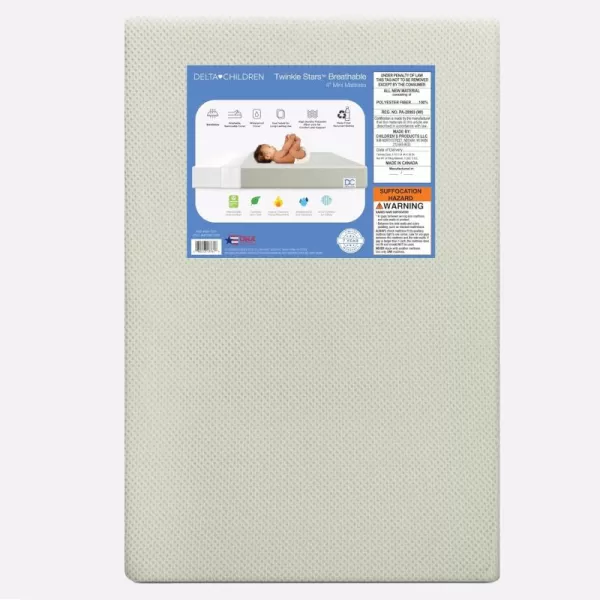 Delta Children Twinkle Stars Breathable 4-inch Mini Crib Mattress with Removable/Machine Washable Cover - GREENGUARD Gold – Waterproof - Sustainably Sourced Core Fiber Core, Pink