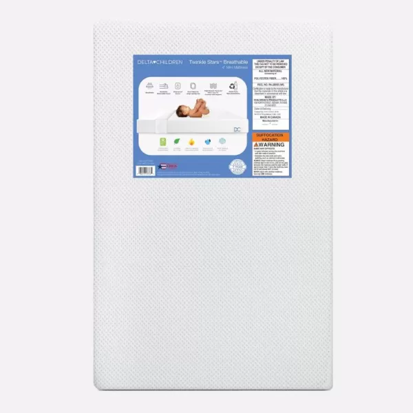 Delta Children Twinkle Stars Breathable 4-inch Mini Crib Mattress with Removable/Machine Washable Cover - GREENGUARD Gold – Waterproof - Sustainably Sourced Core Fiber Core, Pink