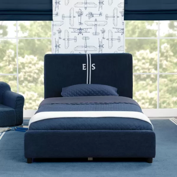 Personalized Upholstered Twin Size Bed with Headboard, Premium Wood Slat Support, No Box Spring Needed, Easy Assembly, Navy Tweed