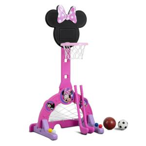 imageDelta Children Disney Minnie Mouse 4in1 Sports Center  Adjustable Easy Score Basketball Hoop SoccerHockey Net and Golf Game 4 GolfHockey Balls PinkMinnie Mouse