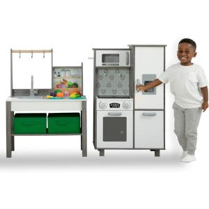 imageDelta Children Gourmet AllinOne Corner Play Kitchen  Toy Kitchen Playset with Safe ampamp Heatless Stove with Lights Oven Sink FridgeFreezer with Ice Maker and 20 Accessories NaturalWhiteNaturalWhite