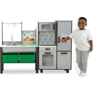 imageDelta Children Gourmet AllinOne Corner Play Kitchen  Toy Kitchen Playset with Safe ampamp Heatless Stove with Lights Oven Sink FridgeFreezer with Ice Maker and 20 Accessories NaturalWhiteGrey