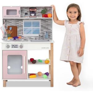 imageDelta Children Tiny Chef Play Kitchen  Toy Kitchen Playset with Realistic Knobs That TurnClick Oven Sink Microwave and 15 Pieces of Play Food GreenPink