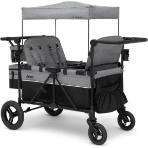 imageJeep Wrangler Deluxe 4 Seater Stroller Wagon by Delta Children  Premium Quad Stroller Wagon for 4 Kids with Convertible Seats Adjustable PushPull Handles Removable Canopy ampamp Flat Fold GreyGrey
