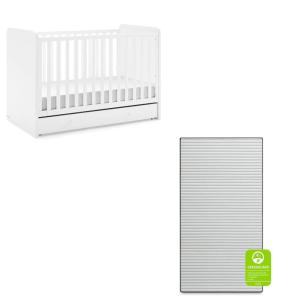 imagebabyGap by Delta Children Graham 4in1 Convertible Crib with Storage Drawer TrueSleep Crib and Toddler Mattress Bundle Bianca White