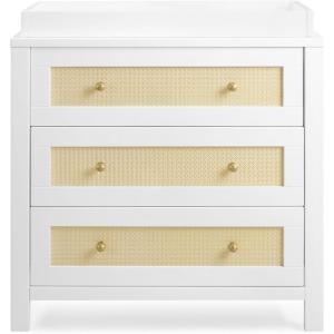 imageSimmons Kids Theo 3 Drawer Dresser with Changing Top and Interlocking Drawers BlackTextured AlmondBianca WhiteTextured Almond