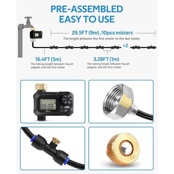 HOMENOTE Automatic Misting Cooling System with Timer 46FT  Misting Line + 10 Brass Mist Nozzles + Brass Adapter Auto Mister for Outside Patio Cooling Greenhouse Garden Watering