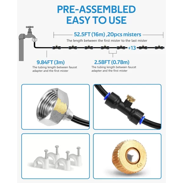 HOMENOTE Misting Cooling System 59FT  Misting Line + 20 Brass Mist Nozzles + Brass Adapter Outdoor Mister for Patio Garden Greenhouse Trampoline for Waterpark