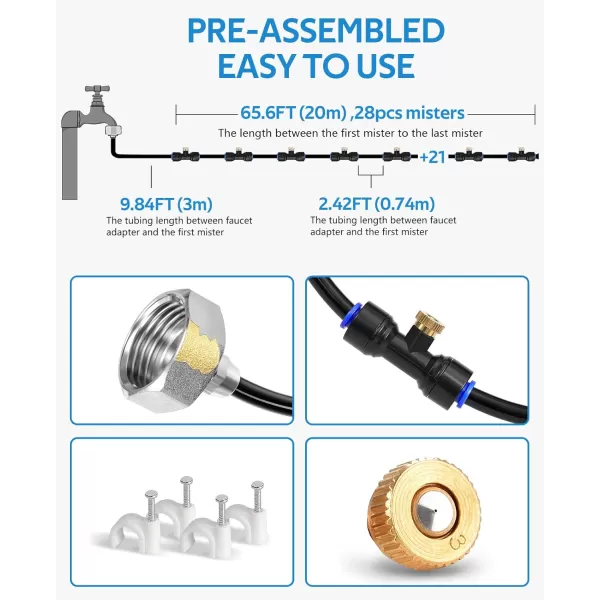 HOMENOTE Misting Cooling System 59FT  Misting Line + 20 Brass Mist Nozzles + Brass Adapter Outdoor Mister for Patio Garden Greenhouse Trampoline for Waterpark