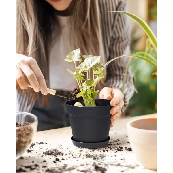 Homenote Pots for Plants, 8 Pcs 7.5 inch Plastic Planters with Multiple Drainage Holes and Tray - Plant Pots for All Home Garden Flowers Succulents, Matte Black