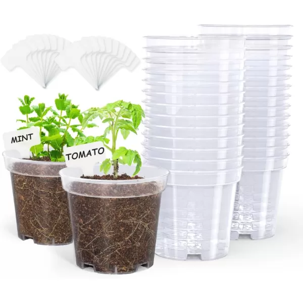 homenote Clear Nursery Pots for Plants,4 Inch Seedling Pots with Drainage Holes Plant Pot for Planting Flower Indoor Seed Starter Pot Outdoor High Transparency with Bonus 20 Plant Labels 