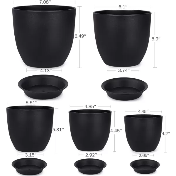homenote Plastic Planter 7/6/5.5/4.8/4.5 Inch Flower Pot Indoor Modern Decorative Plastic Pots for Plants with Drainage Hole and Tray for All House Plants, Succulents, Flowers, and Cactus, Black