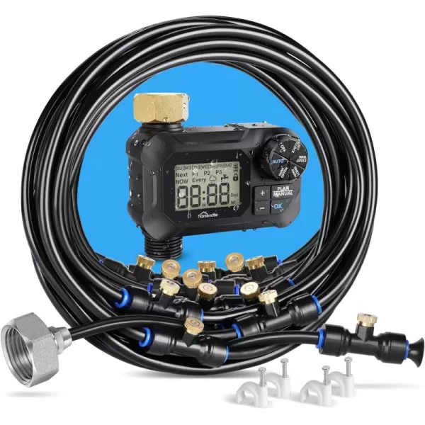 HOMENOTE Automatic Misting Cooling System with Timer 46FT  Misting Line + 10 Brass Mist Nozzles + Brass Adapter Auto Mister for Outside Patio Cooling Greenhouse Garden Watering