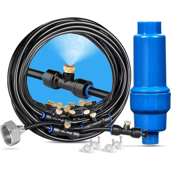 HOMENOTE Misting System with Filter, 59FT Misting Line + 20 Brass Mist Nozzles + 3/4" Brass Adapter, Calcium Inhibitor Filter for Mister Outside Patio Cooling Greenhouse Garden Watering)
