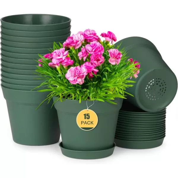 HOMENOTE Pots for Plants, 15 Pack 6 inch Plastic Planters with Multiple Drainage Holes and Trays - Plant Pots for All Home Garden Flowers Succulents 
