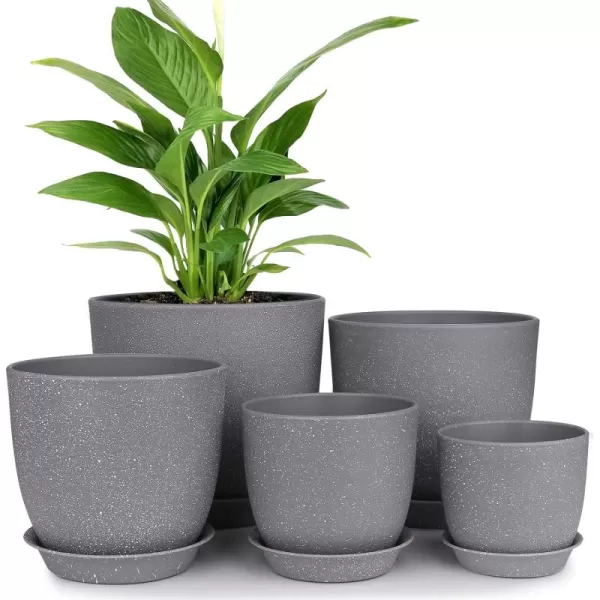 homenote Plastic Planter 7/6/5.5/4.8/4.5 Inch Flower Pot Indoor Modern Decorative Plastic Pots for Plants with Drainage Hole and Tray for All House Plants, Succulents, Flowers, and Cactus, Black