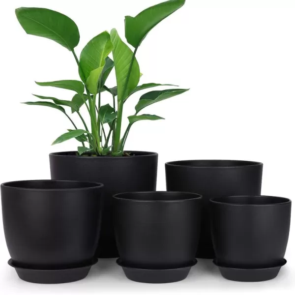 homenote Plastic Planter 7/6/5.5/4.8/4.5 Inch Flower Pot Indoor Modern Decorative Plastic Pots for Plants with Drainage Hole and Tray for All House Plants, Succulents, Flowers, and Cactus, Black