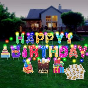 imageHOMENOTE 18Pcs Happy Birthday Yard Signs with Stakes 2 x 5m LED Lights and Personalized Signs 16 Large Size  Birthday Letters Signs for Yard Lawn Outdoor Birthday Decoration Party Supplies