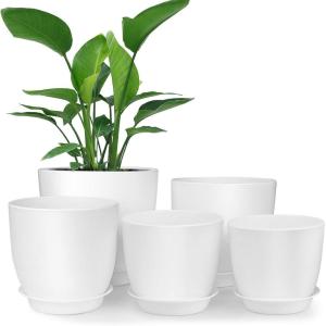 imageHomenote 76554845 Inch Modern Plastic Planter White  Indoor Plant Pot with Drainage Hole ampamp Tray for Succulents Flowers CactusWhite