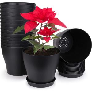 imagehomenote Plant Pots Set of 15 Plastic Planters with Multiple Drainage Holes and Tray 6 inch Indoor Plant Pot for All Home Garden Flowers Succulents Black