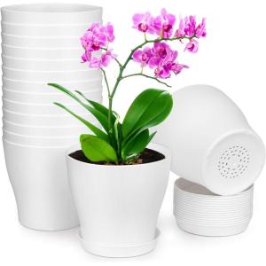 imagehomenote Plant Pots Set of 15 Plastic Planters with Multiple Drainage Holes and Tray 6 inch Indoor Plant Pot for All Home Garden Flowers Succulents White
