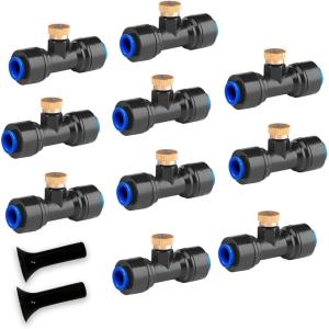 imageHOMENOTE 10 Pack Brass Misting Nozzles for Outdoor Cooling System Mister Replacement Nozzles Tee and Plugs for 14quot TubingBlack