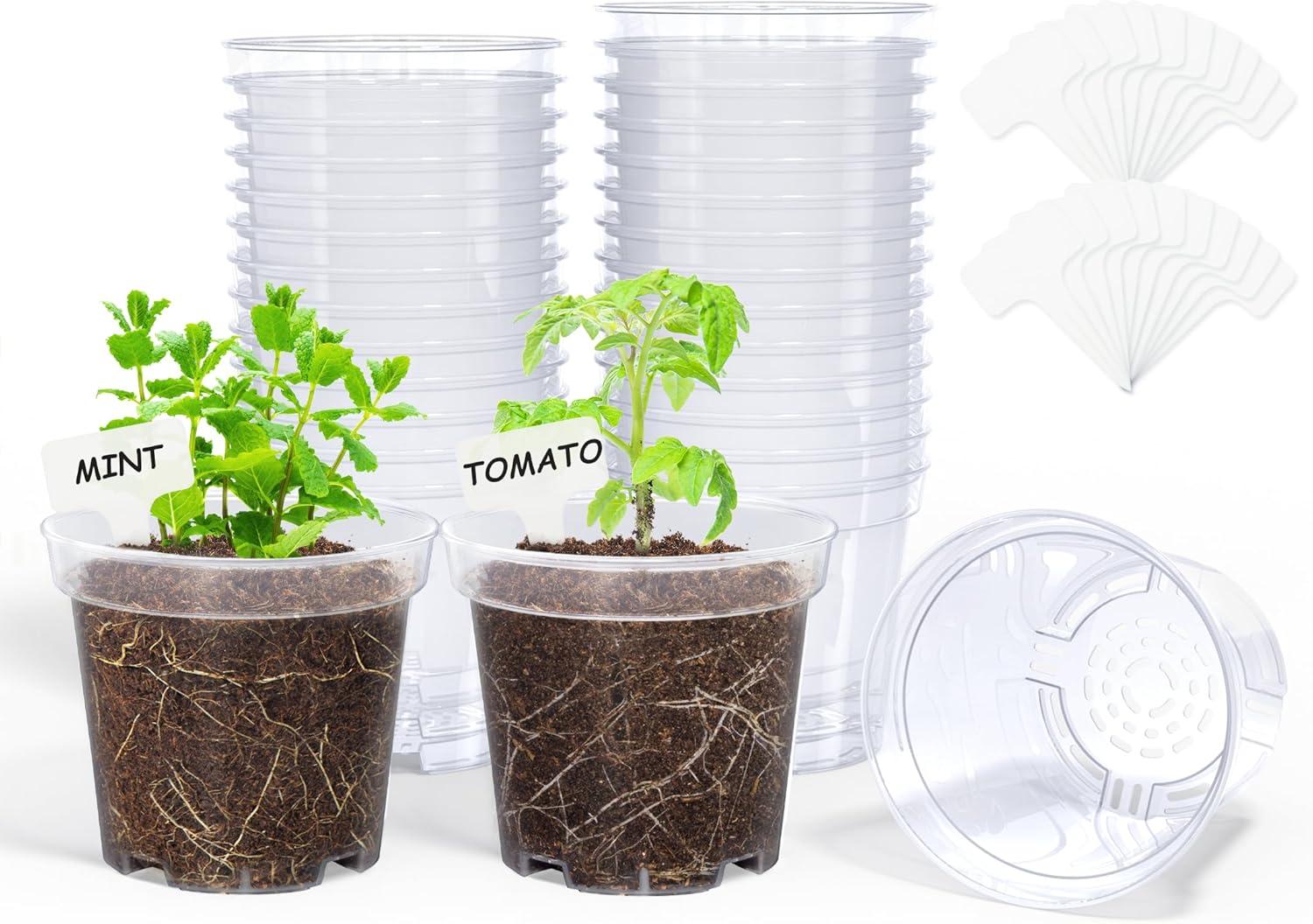 imagehomenote Clear Nursery Pots for Plants4567 Inch Plant Pot for Planting Plastic Seedling Pots with Drainage Holes Seed Starter Pot Flower Pots High Transparency with 20 Plant Labels 30 PackTransparencyno Lid
