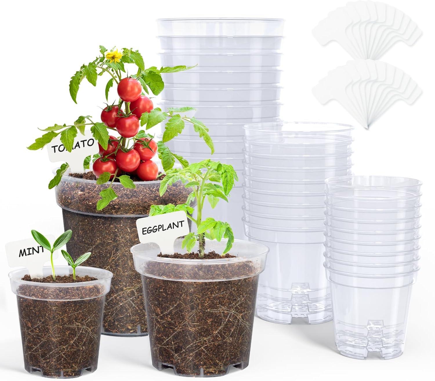 imagehomenote Clear Nursery Pots for Plants4567 Inch Plant Pot for Planting Plastic Seedling Pots with Drainage Holes Seed Starter Pot Flower Pots High Transparency with 20 Plant Labels 30 PackTransparencyno Lid