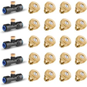 imageHOMENOTE 20 Pack Brass Misting Nozzles and 5 Pack Tees Misters for Outdoor Cooling System Misting Nozzles Replacements for 14 inch tubing
