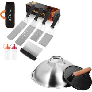imagehomenote Griddle Accessories Kit 7Pieces Exclusive Griddle Tools LongShort Spatulas Set12 Inch Heavy Duty Round Basting Cover Cheese Melting Dome with 7 inch Round Cast Iron Burger Bacon Press